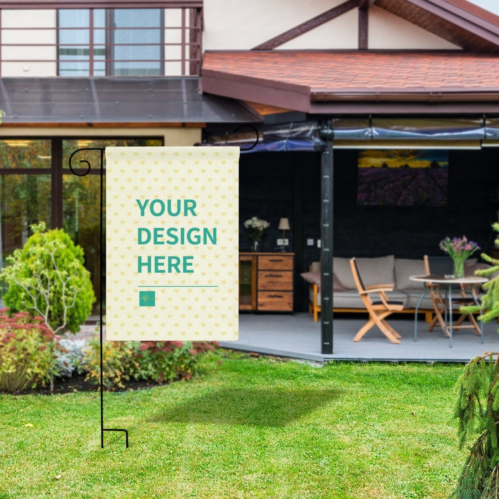 Personalized garden flag with 'YOUR DESIGN HERE' on a linen material, perfect for outdoor yard decoration.