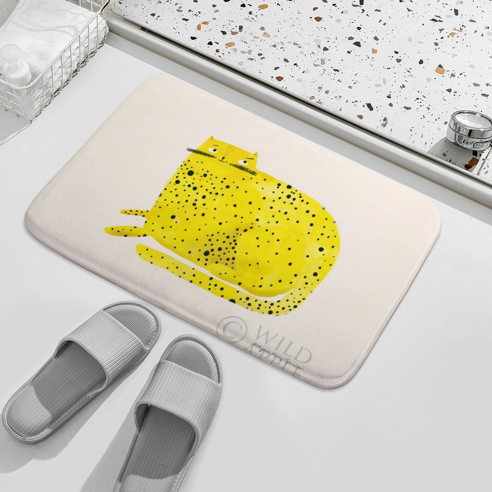Yellow cheetah design bath rug with non-slip feature, perfect for bathroom