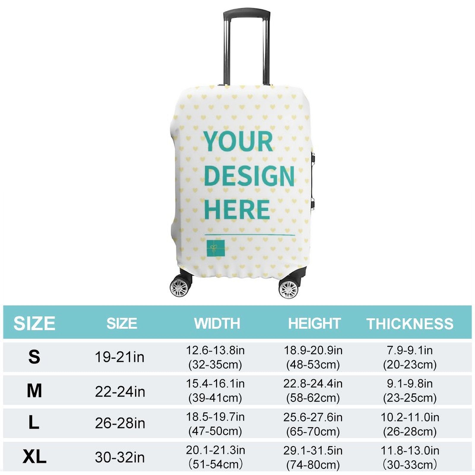 Customizable luggage cover with 'YOUR DESIGN HERE' text in a heart pattern, protecting a suitcase, size options available.