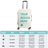 Customizable luggage cover with 'YOUR DESIGN HERE' text in a heart pattern, protecting a suitcase, size options available.