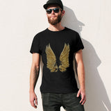 Black men's t-shirt with golden wings design. Classic tee for MyArtsyGift, comfortable cotton