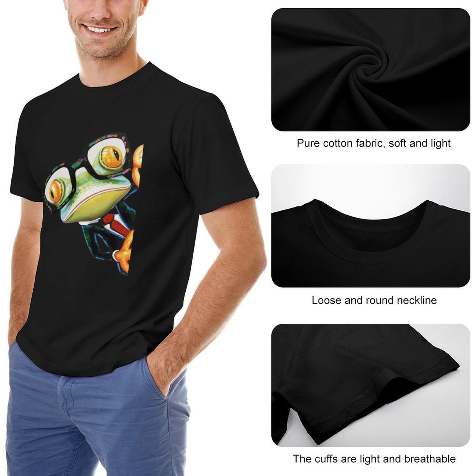 Black Men's tee with frog design. Pure cotton, soft & light. Loose neckline, breathable cuffs. Classic Tees for Men.