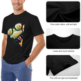 Black Men's tee with frog design. Pure cotton, soft & light. Loose neckline, breathable cuffs. Classic Tees for Men.