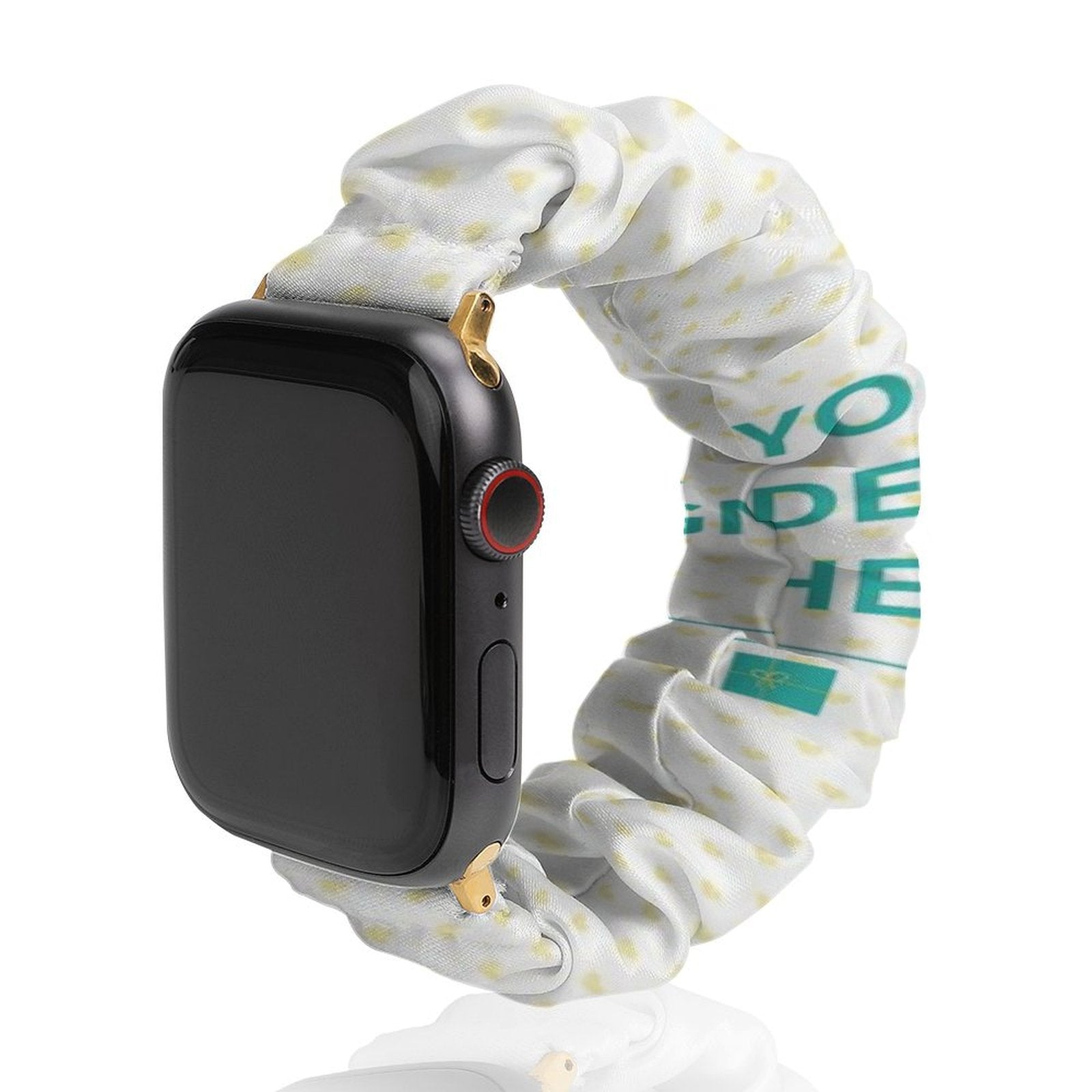 White polyester scrunchie Apple Watch band with yellow dots and "YO DE HE" design. Comfortable, easy to install and washable.