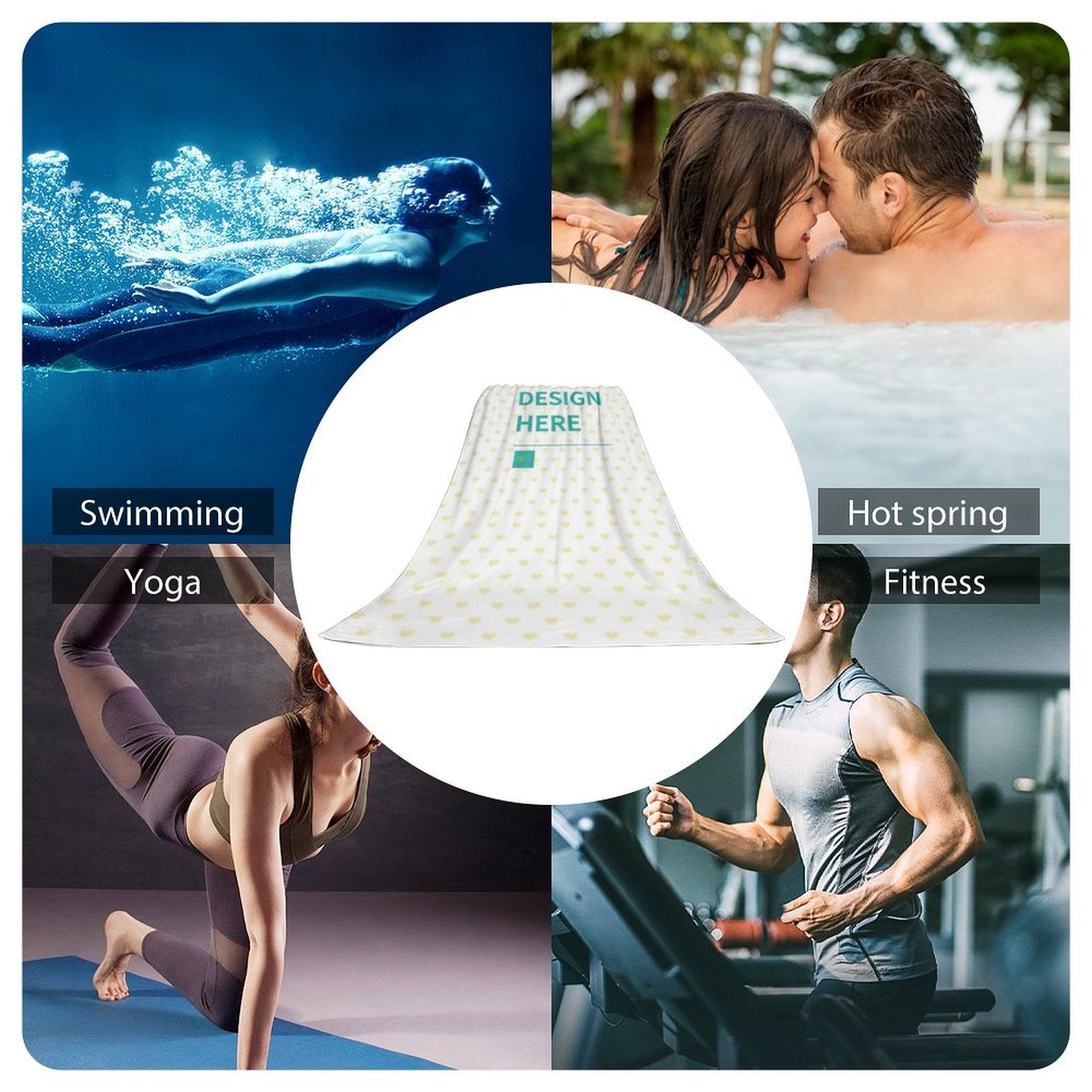 Custom beach towel, perfect for swimming, yoga, fitness, and hot spring. Made of polyester, featuring 'DESIGN HERE'.