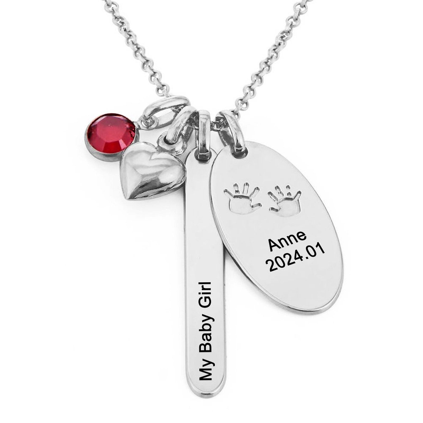 Custom silver My Baby Girl necklace with name and date. Personalized engraved jewelry.