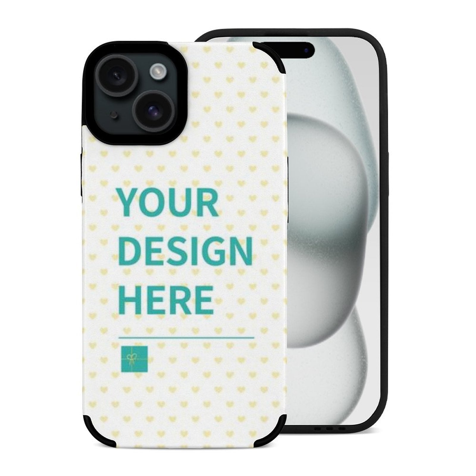 Custom iPhone 15 series phone case with "YOUR DESIGN HERE" text, fiber leather cover, MyArtsyGift