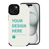 Custom iPhone 15 series phone case with "YOUR DESIGN HERE" text, fiber leather cover, MyArtsyGift