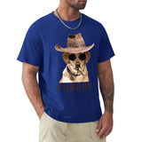 Men's blue cotton t-shirt with cowboy dog graphic, perfect for casual wear, breathable cotton
