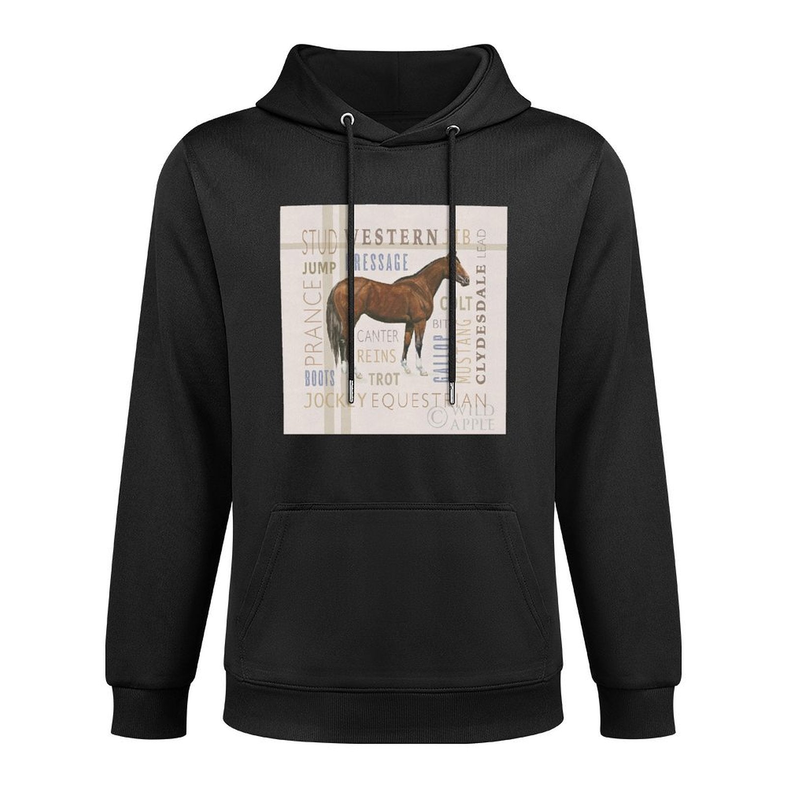 Men's black hooded sweatshirt with horse graphic and equestrian terms, 50% cotton blend, by MyArtsyGift