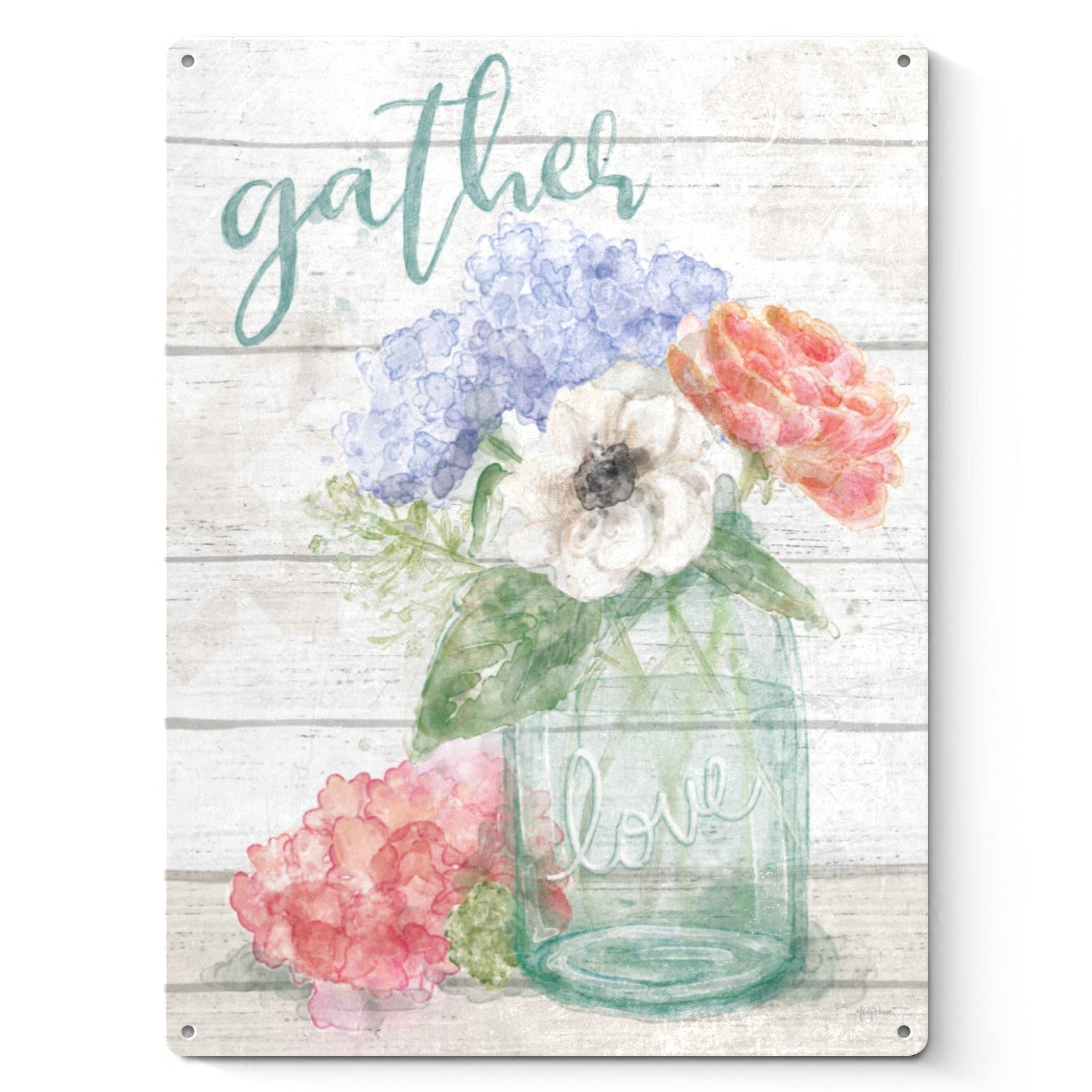 Pastel Floral Metal Sign with Gather and Love. Watercolor flowers in a mason jar. Made in USA.