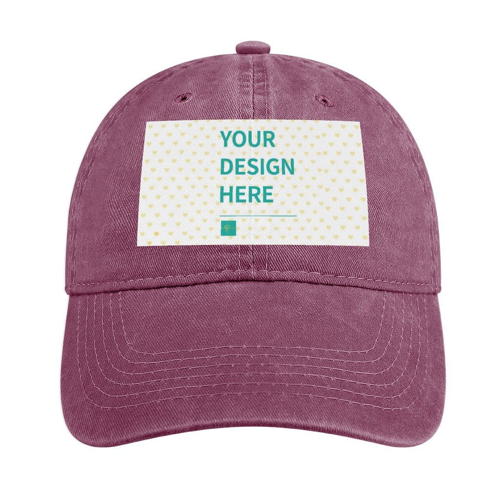 Custom baseball cap in burgundy with "YOUR DESIGN HERE" text, customizable trucker hat for men and women