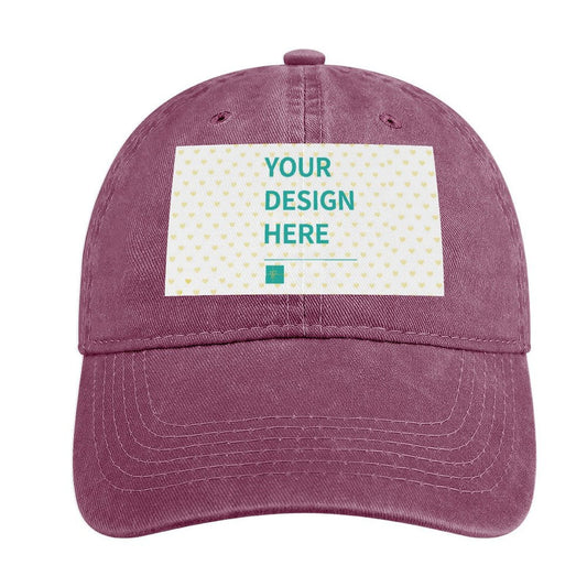 Custom baseball cap in burgundy with "YOUR DESIGN HERE" text, customizable trucker hat for men and women