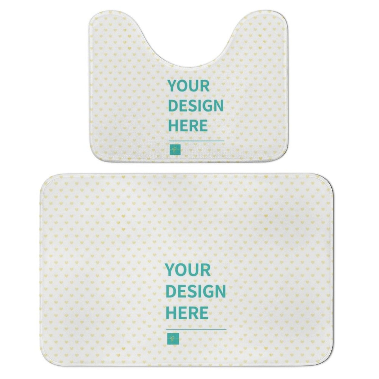 Custom bathroom rug set. Coral fleece, patterned with yellow hearts, reads 'YOUR DESIGN HERE'