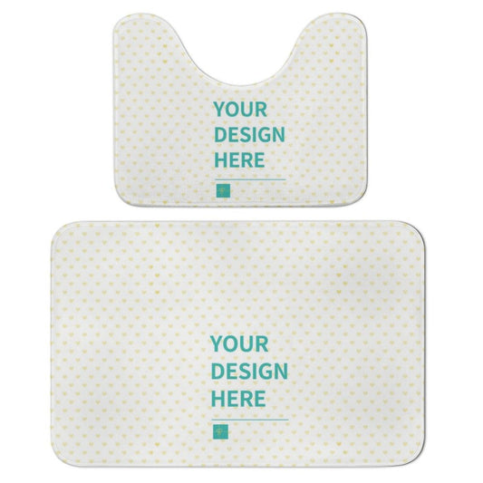 Custom bathroom rug set. Coral fleece, patterned with yellow hearts, reads 'YOUR DESIGN HERE'
