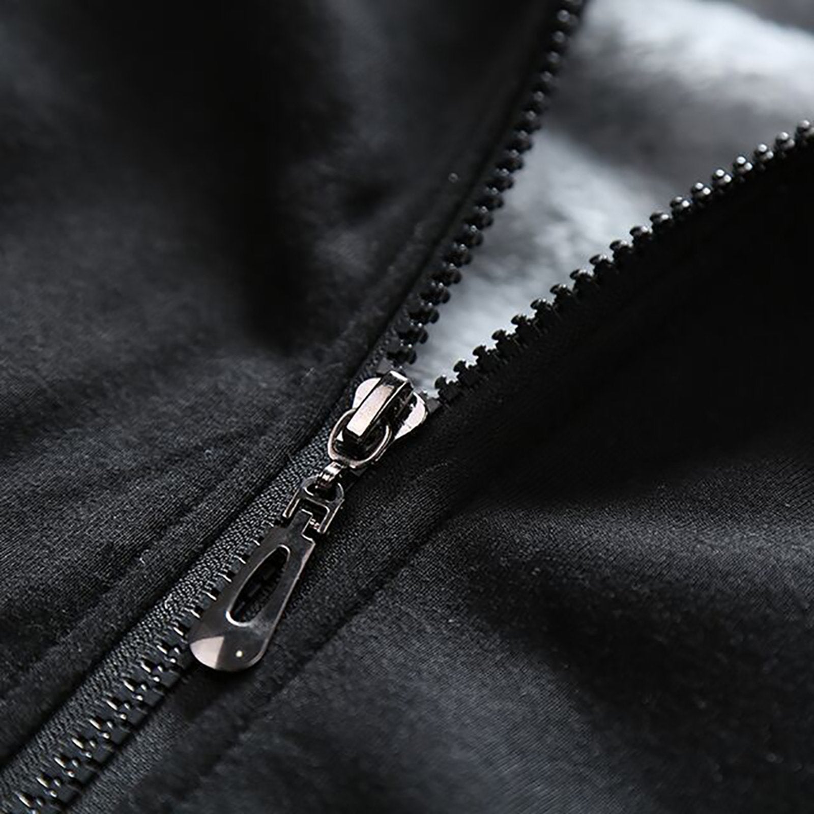 Black hoodie zipper detail, polyester fabric, zipper and hood personalized sweatshirt