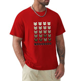 Red men's short sleeve tee with cat face pattern and NOOOOOOOO text. Comfortable cotton fabric for men.