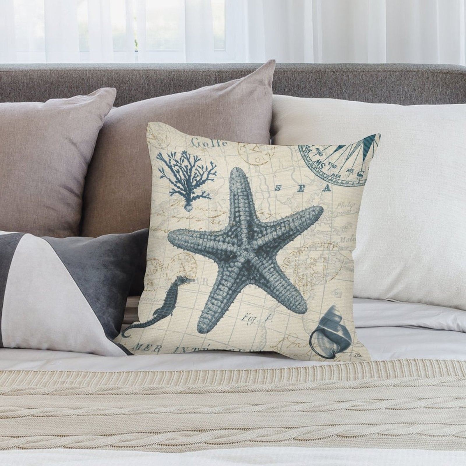 Plush throw pillow cover with starfish, map design. Soft, comfortable, for sofa or couch decor.