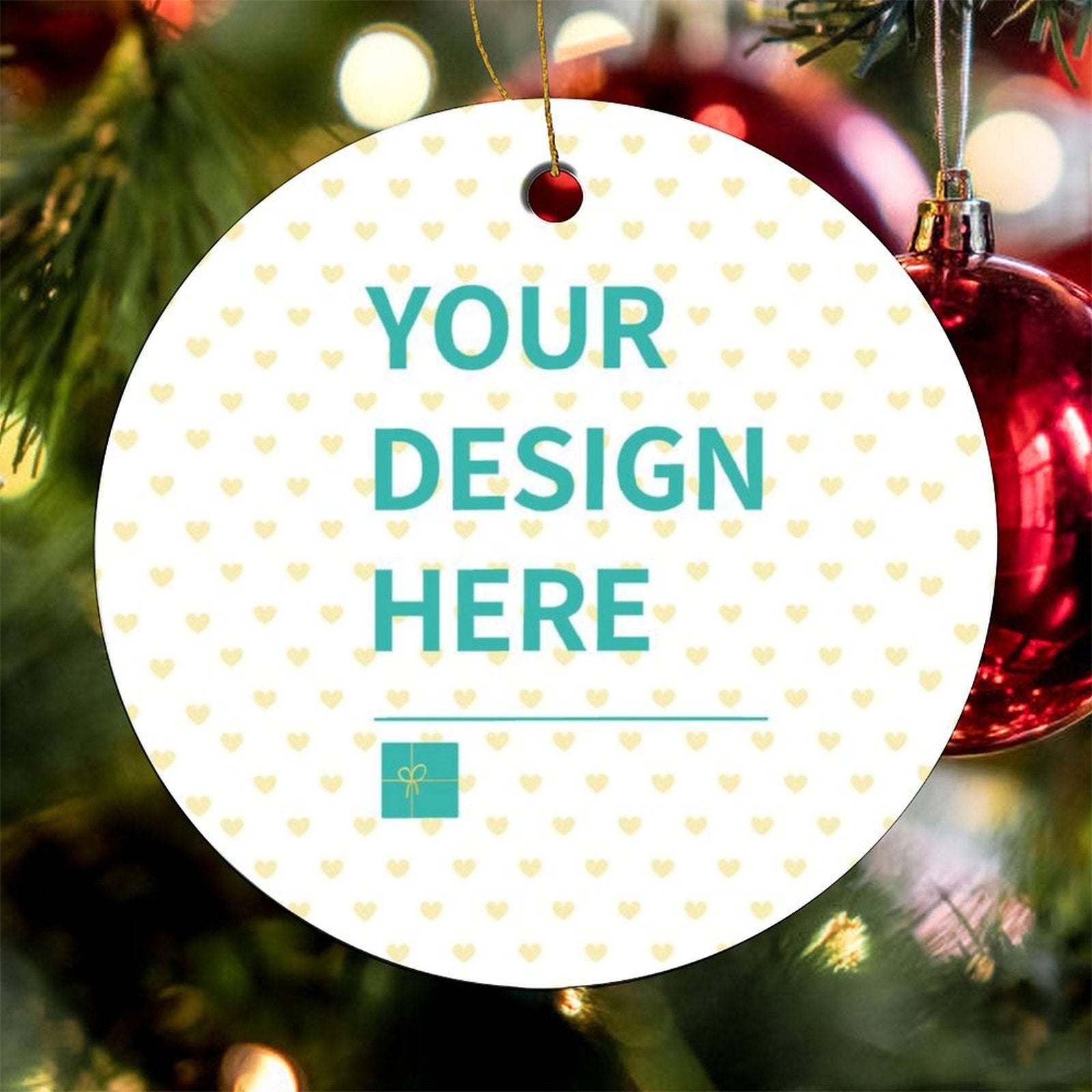 Personalized ceramic Christmas ornament with "YOUR DESIGN HERE" text, perfect Christmas gift.