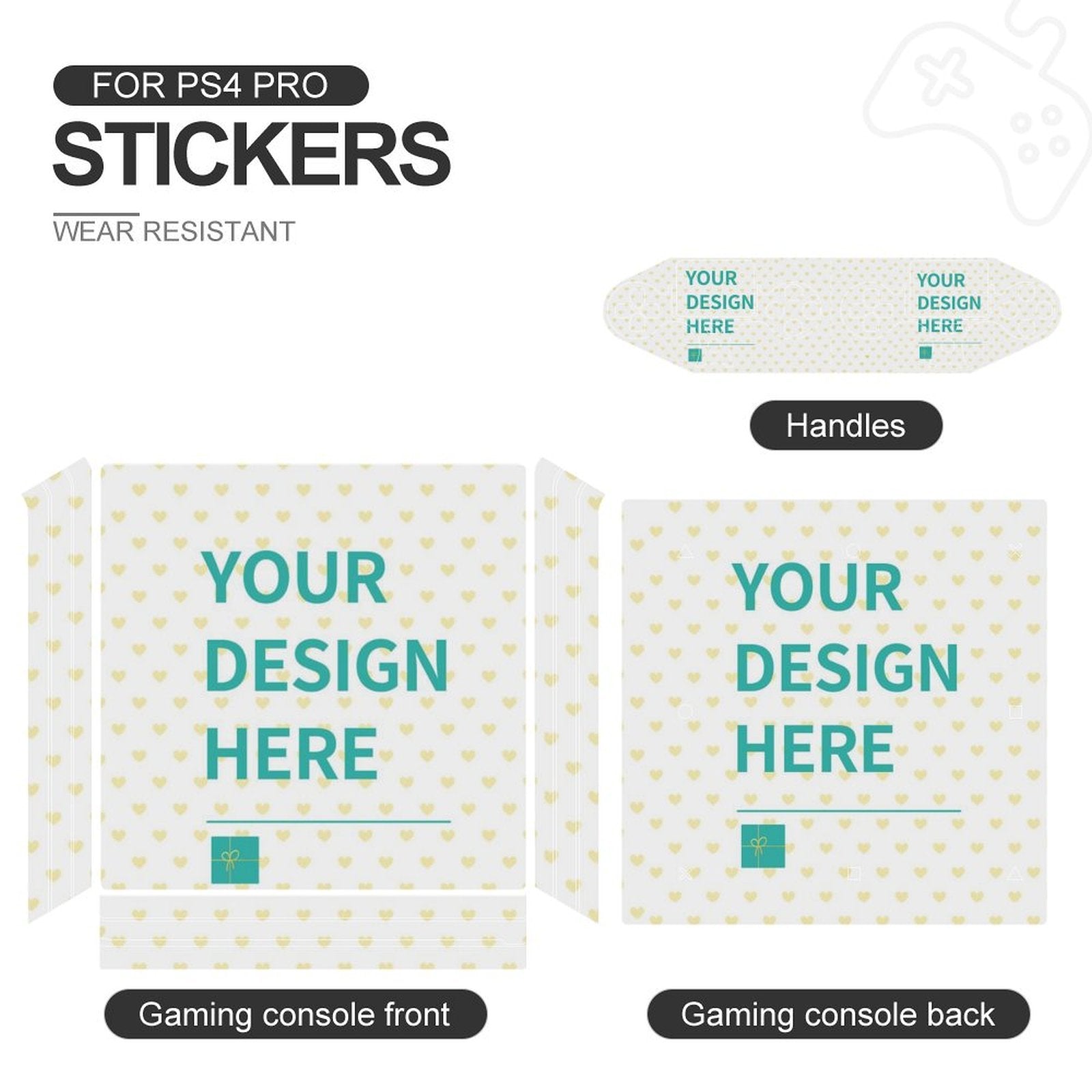 Personalized PS4 Pro stickers, featuring "YOUR DESIGN HERE" design, wear-resistant, PVC material for console and controller