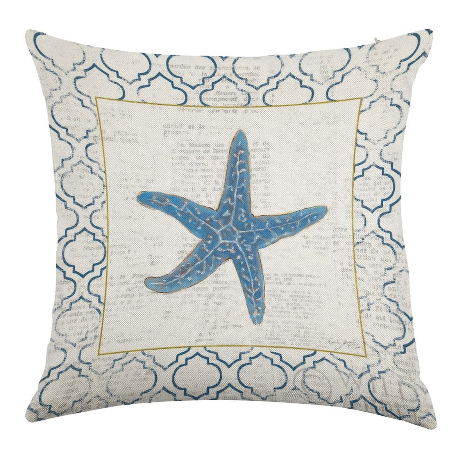 Linen throw pillow case with blue starfish design and vintage text background for living room decor