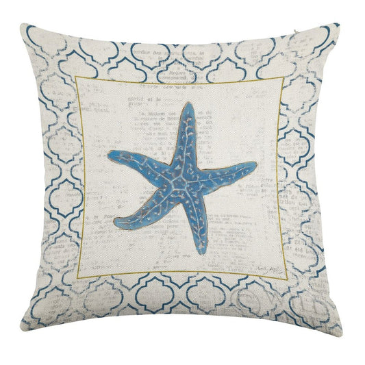 Linen throw pillow case with blue starfish design and vintage text background for living room decor