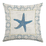 Linen throw pillow case with blue starfish design and vintage text background for living room decor