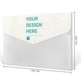 Customizable expanding file folder with "YOUR DESIGN HERE" text, perfect for school or office supplies.