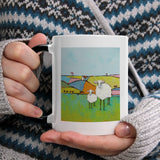 White ceramic mug with sheep art, black handle, perfect gift from MyArtsyGift