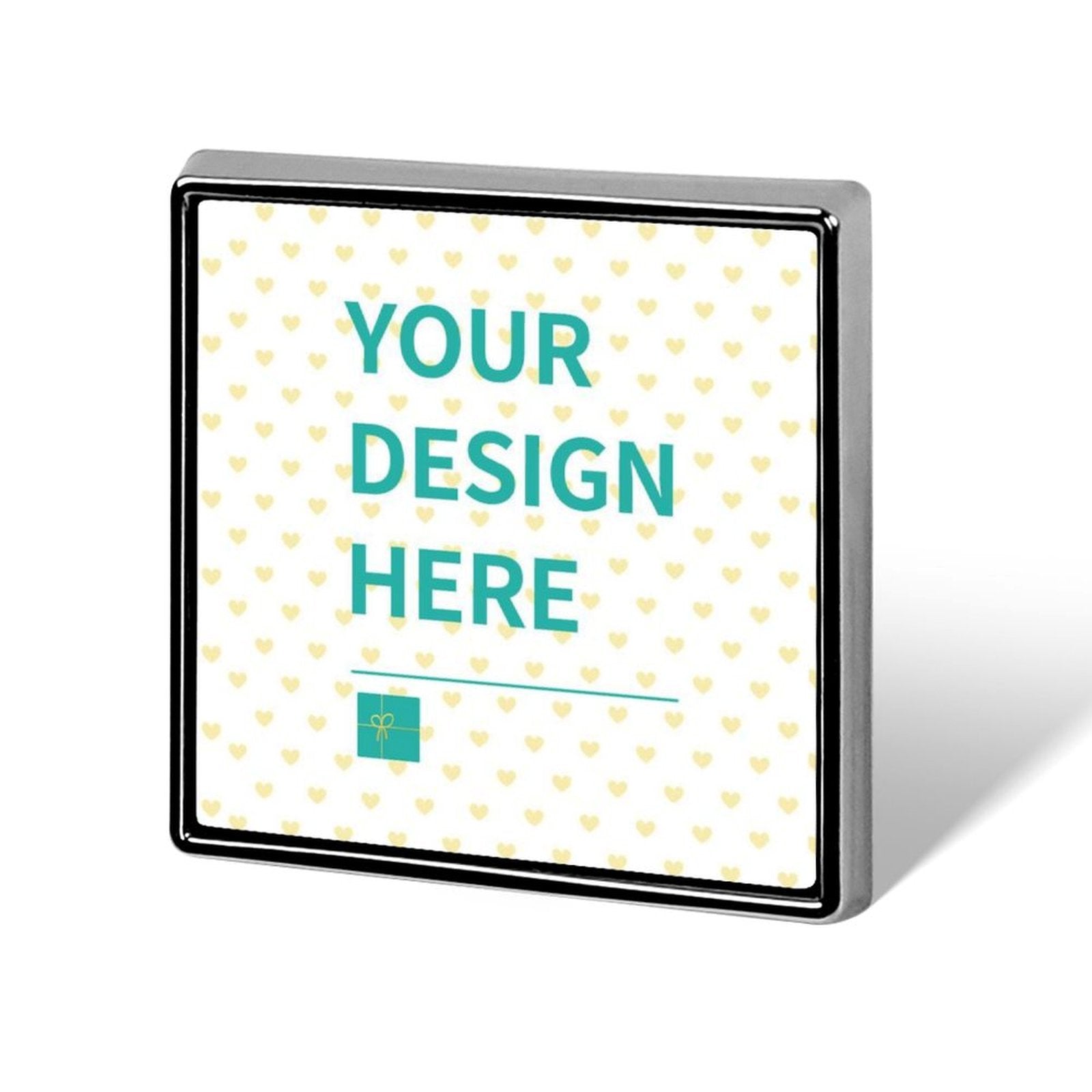 Custom square alloy lapel pin with 'YOUR DESIGN HERE' text, personalized gift.