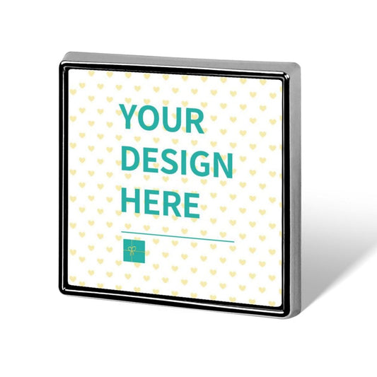 Custom square alloy lapel pin with 'YOUR DESIGN HERE' text, personalized gift.