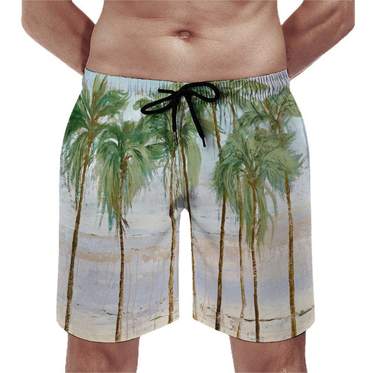 Men's Hawaiian swim trunks with palm tree print, perfect beach board shorts for summer