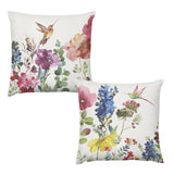 Set of 2 Short Plush Pillow Covers with watercolor floral and hummingbird design, perfect for home sofa and car decor