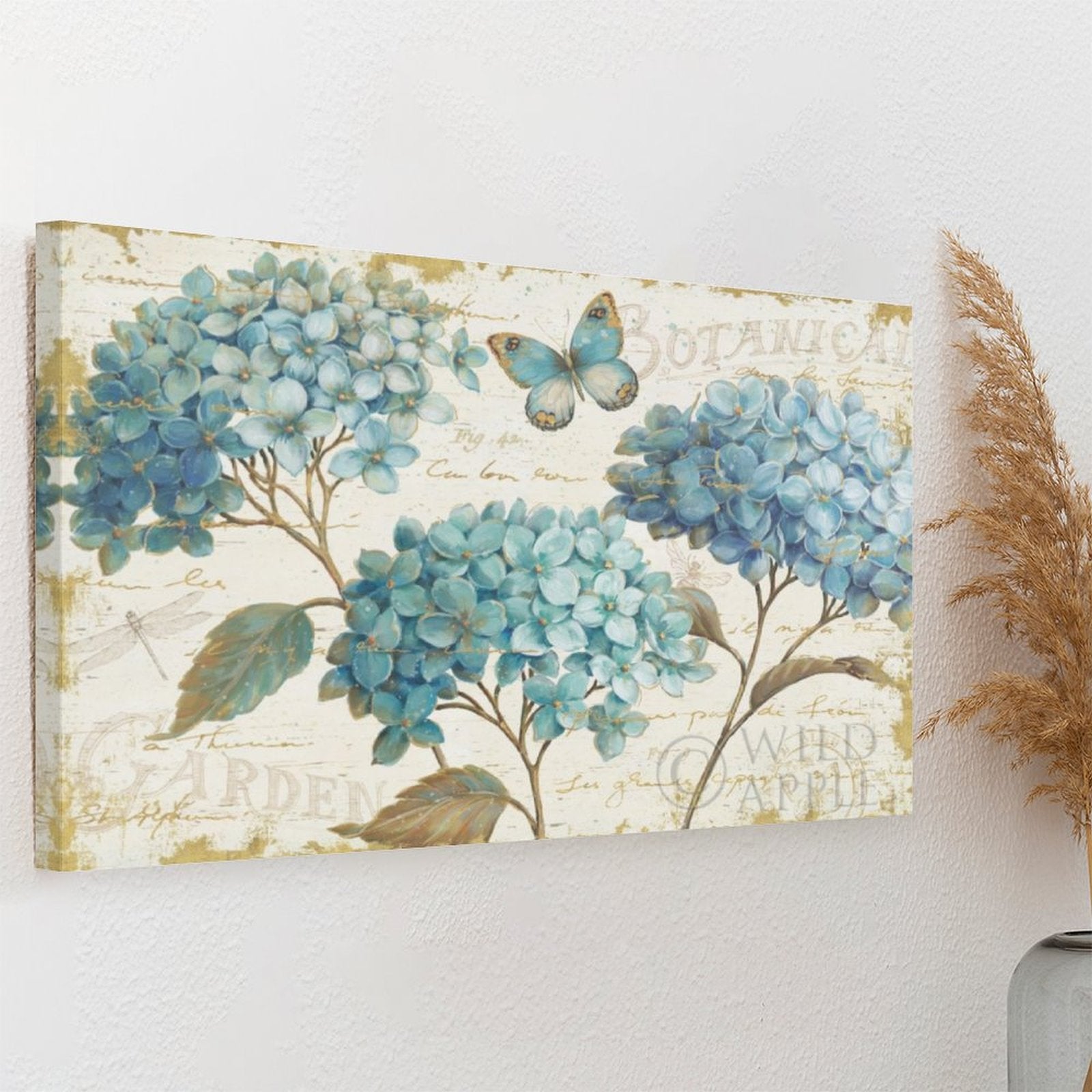 Blue hydrangea botanical canvas print with butterfly. Wall art for family, with text 'Botanical Garden'.