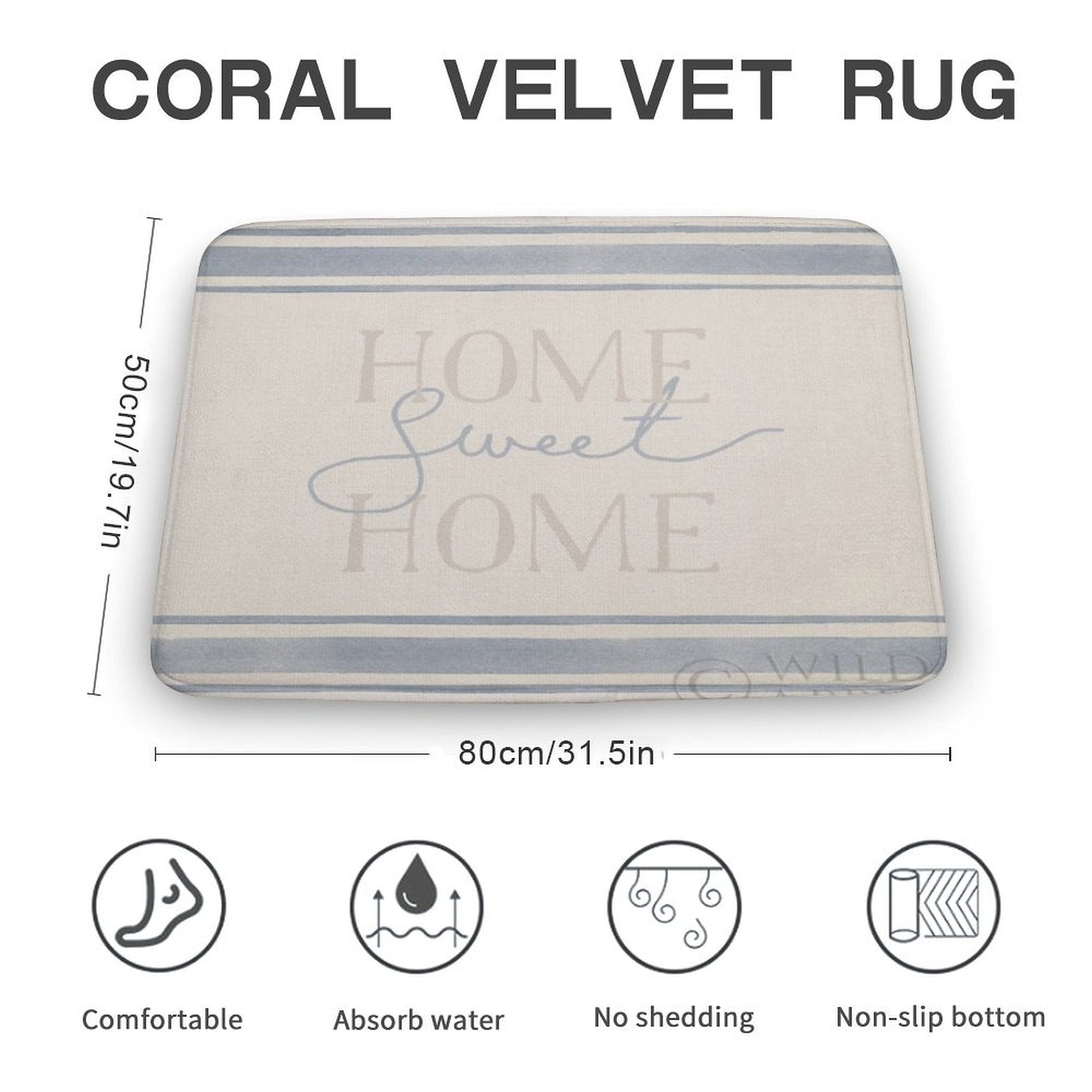 Coral velvet bathroom rug with HOME Sweet HOME text, non-slip and water absorbent