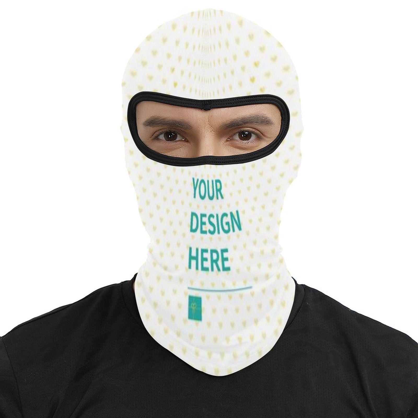 Customizable white balaclava ski mask. Personalized winter face mask with "YOUR DESIGN HERE" text for men and women.