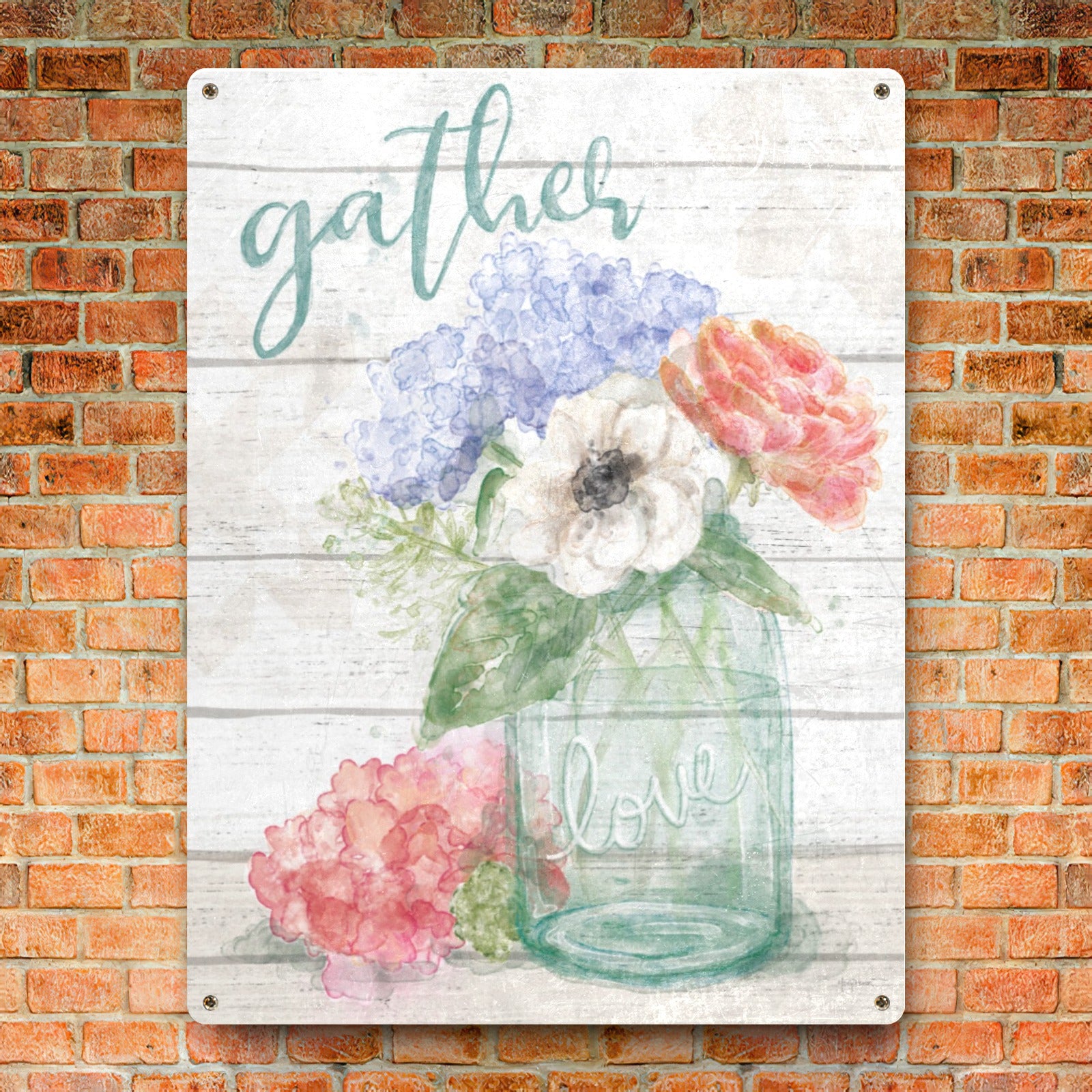 Metal sign with watercolor floral arrangement, featuring 'gather' and 'love' text. Home decor with flowers in mason jar.