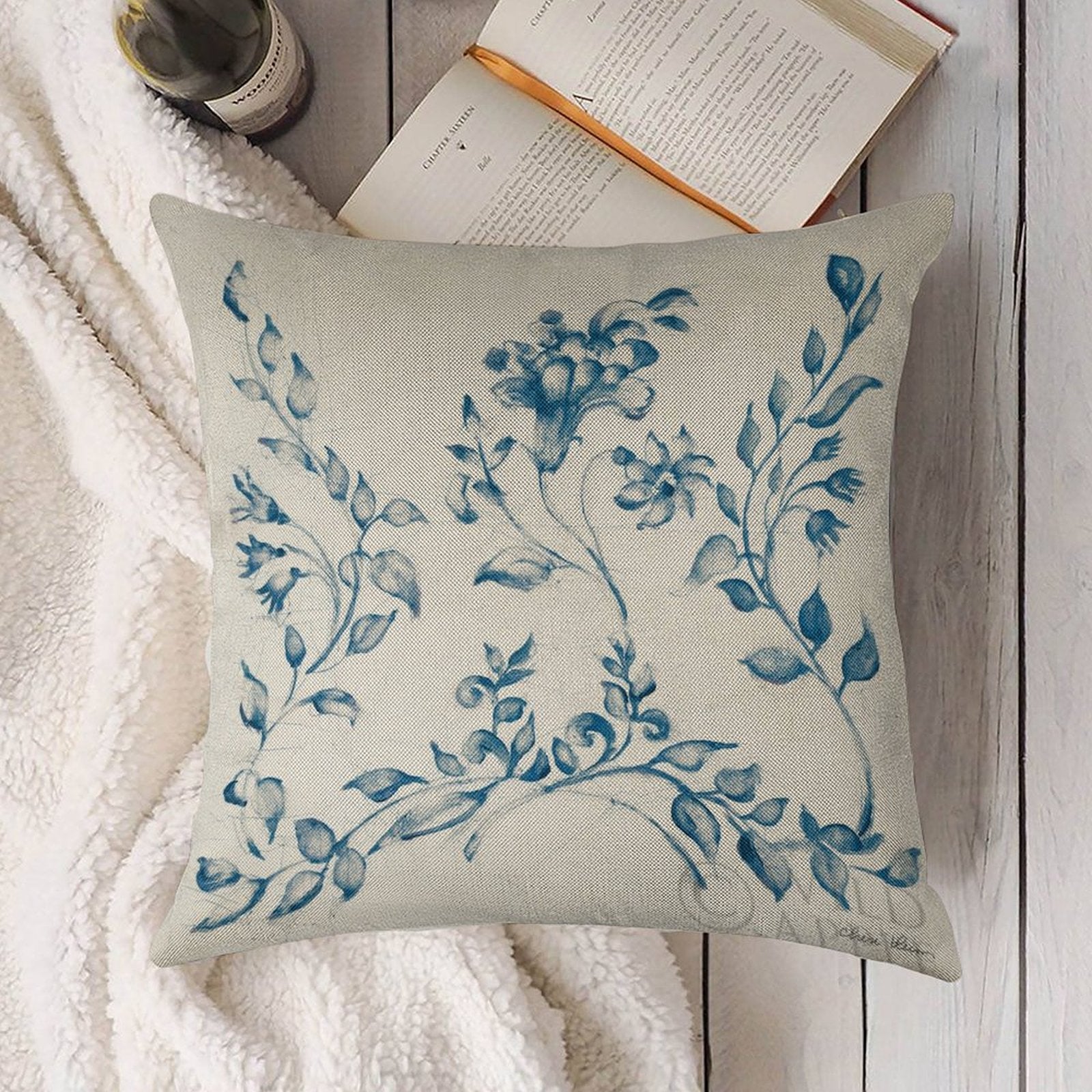 Linen pillow case with blue floral Swedish tile design, perfect for living room decor