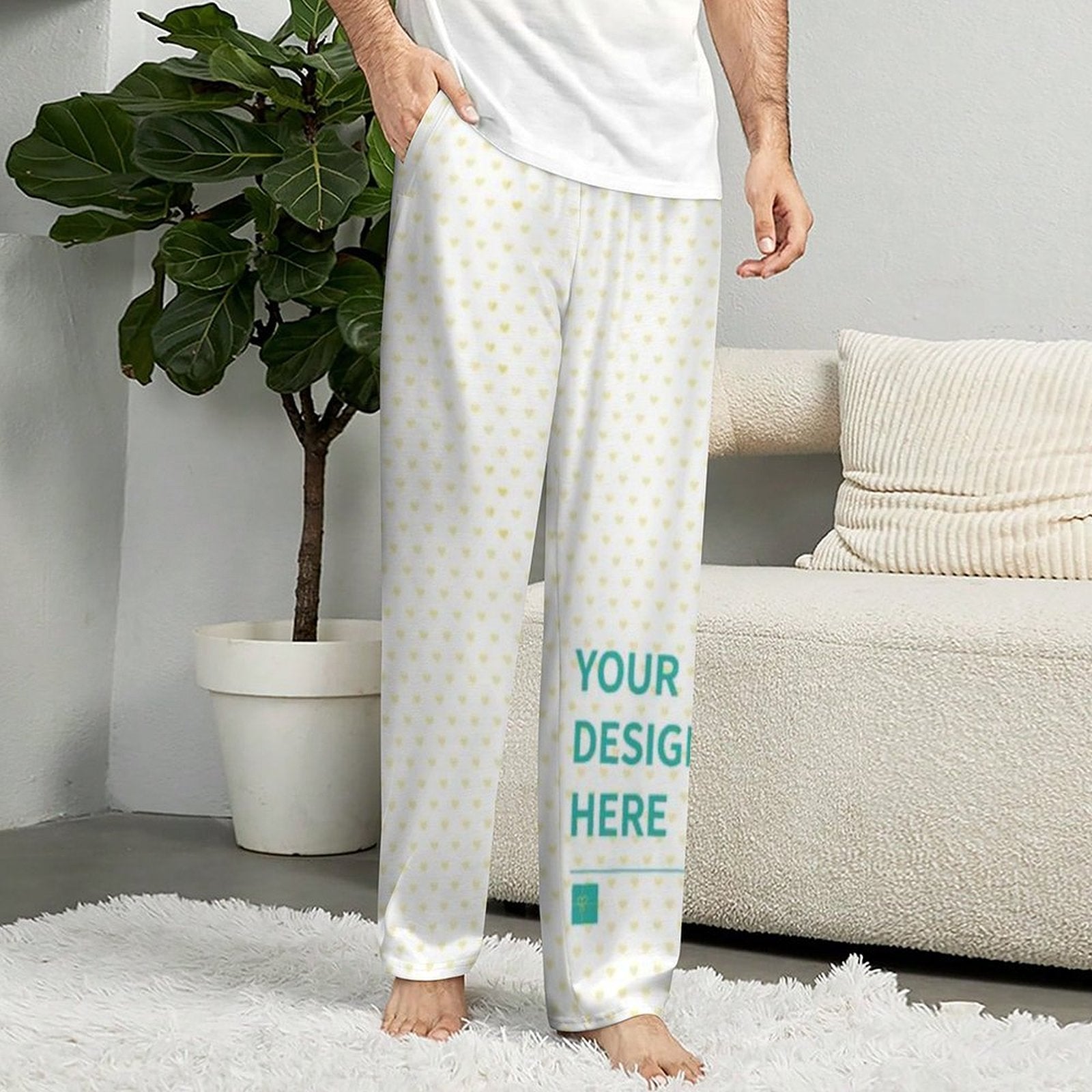 Custom pajama pants for men with design heart pattern, personalized sleepwear, "YOUR DESIGN HERE" text.