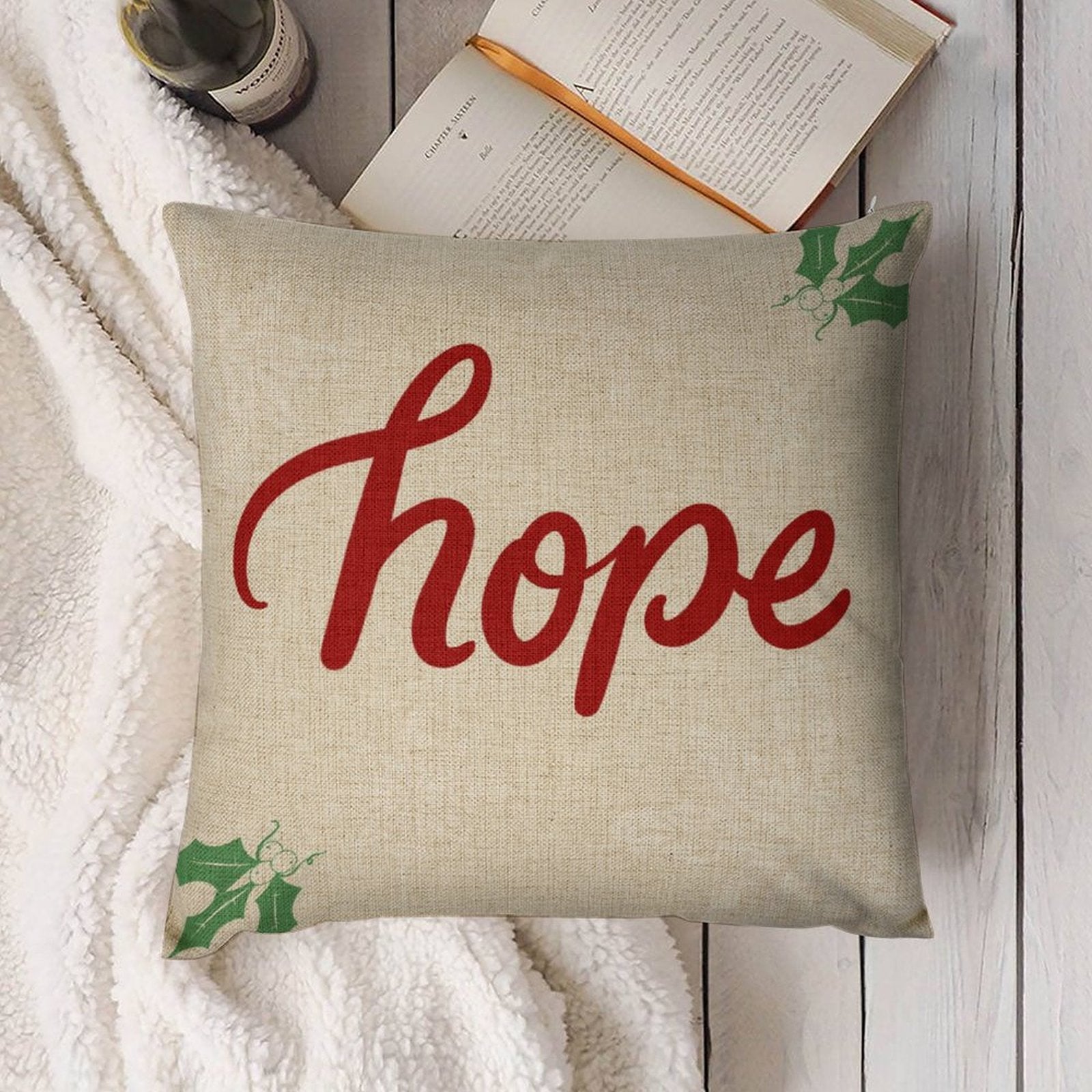 Christmas linen pillow with 'hope' text and holly accents for sofa, couch, or bed