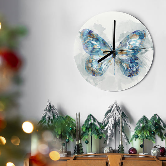 Modern blue butterfly MDF wall clock for living room or office decor, watercolor design