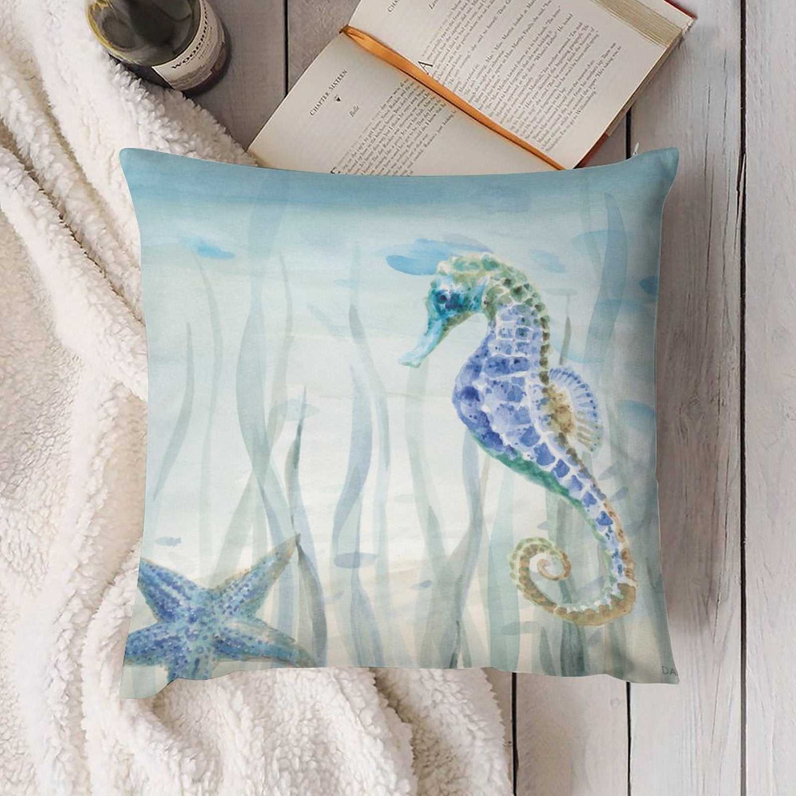 Plush pillow cover with watercolor seahorse and starfish design for sofa or living room.