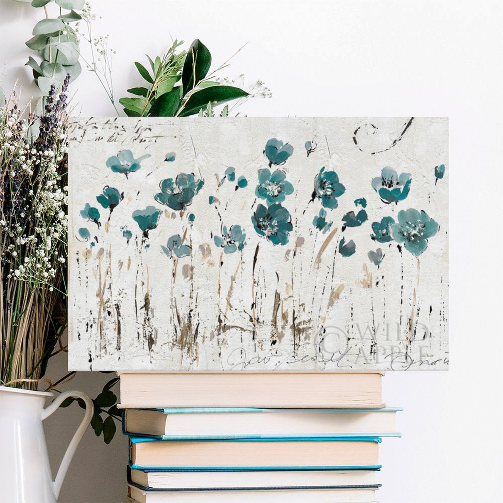 Abstract floral canvas print with blue flowers, ready to hang wall art for home decor. Made in USA