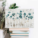Abstract floral canvas print with blue flowers, ready to hang wall art for home decor. Made in USA