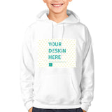Customizable white youth hoodie with 'YOUR DESIGN HERE' design, cotton sweatshirt, perfect for boys & girls.