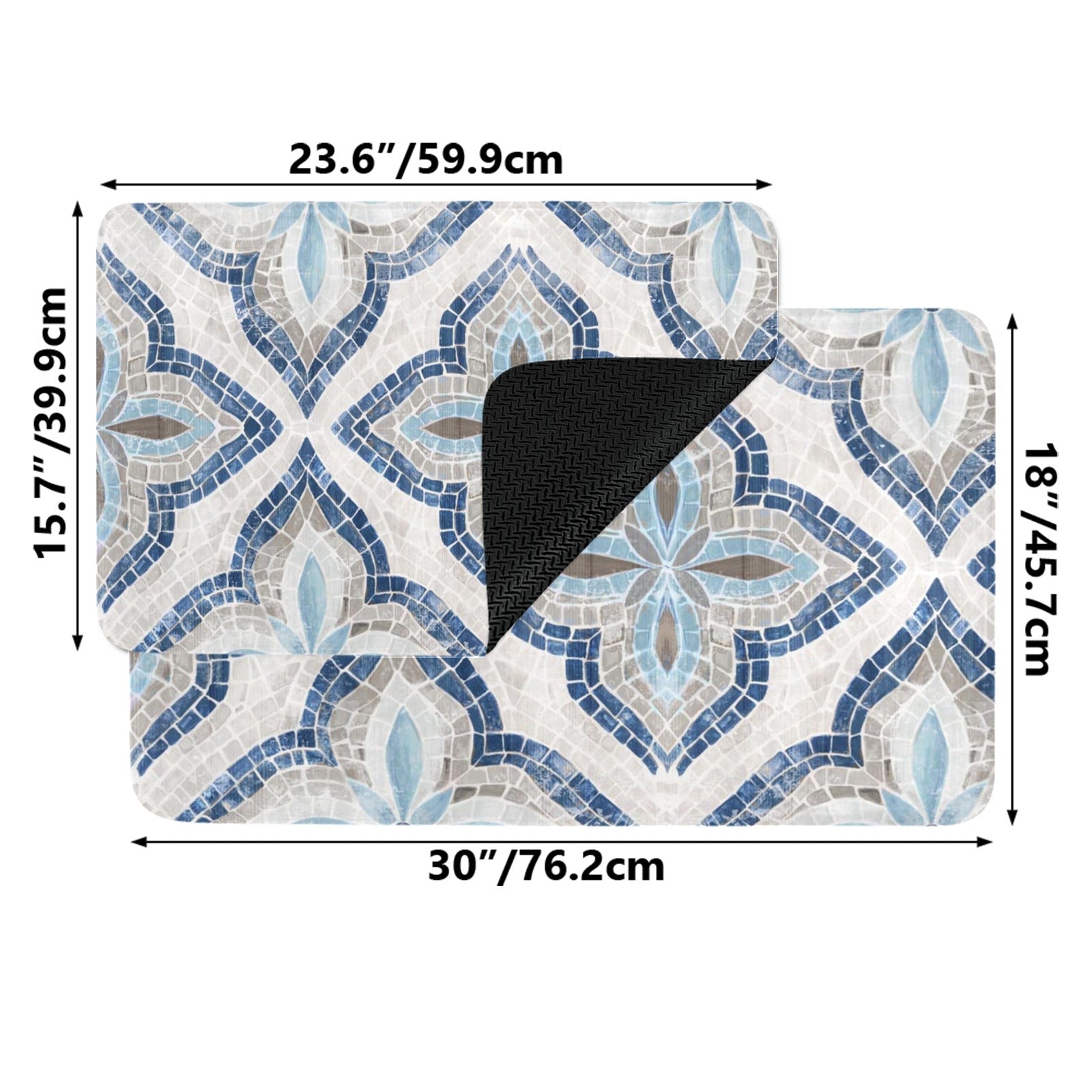 Blue mosaic doormat for entrance. Indoor/Outdoor rubber mat with dimensions for home decor.