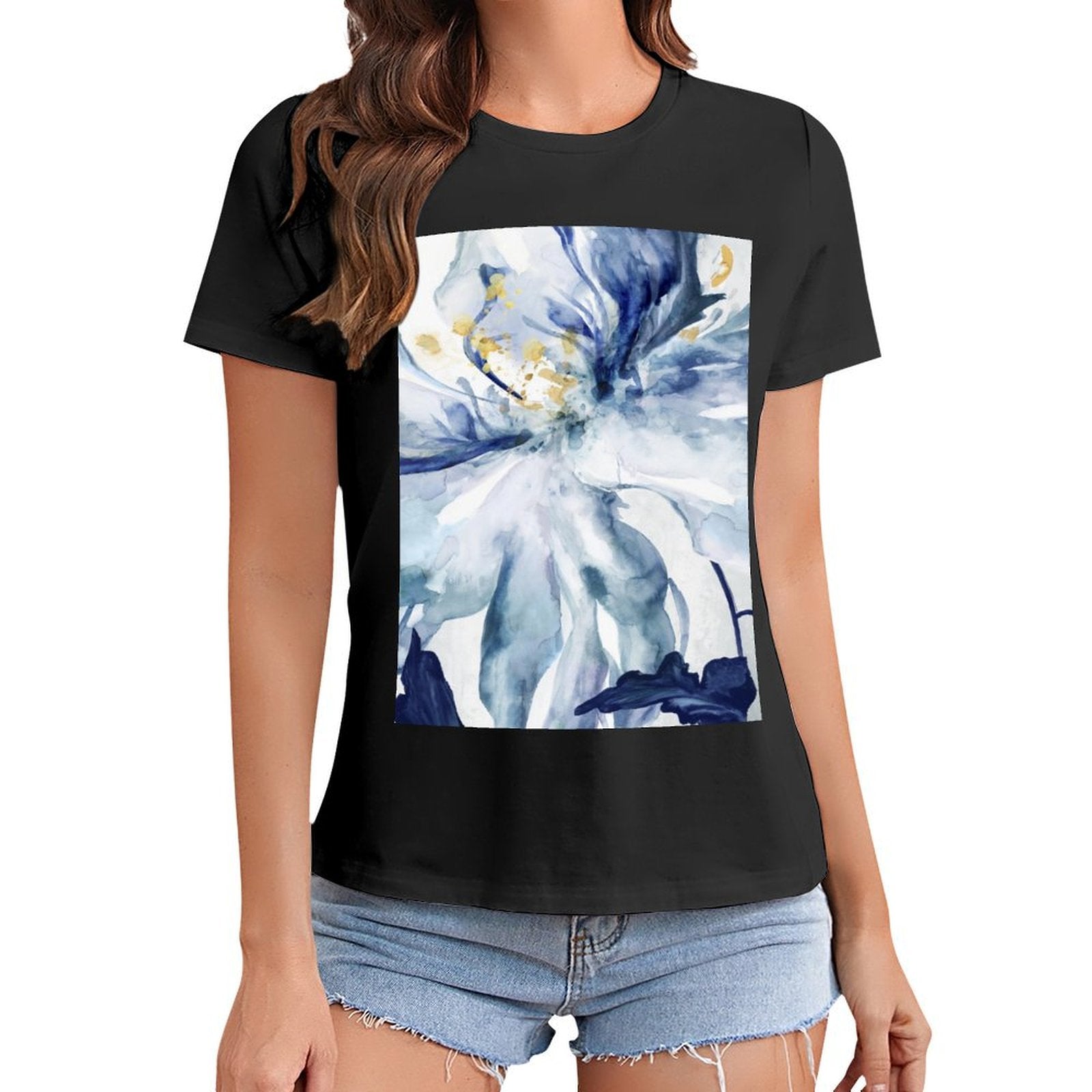 MyArtsyGift women's black t-shirt with blue floral art print, casual wear, short sleeve crewneck.