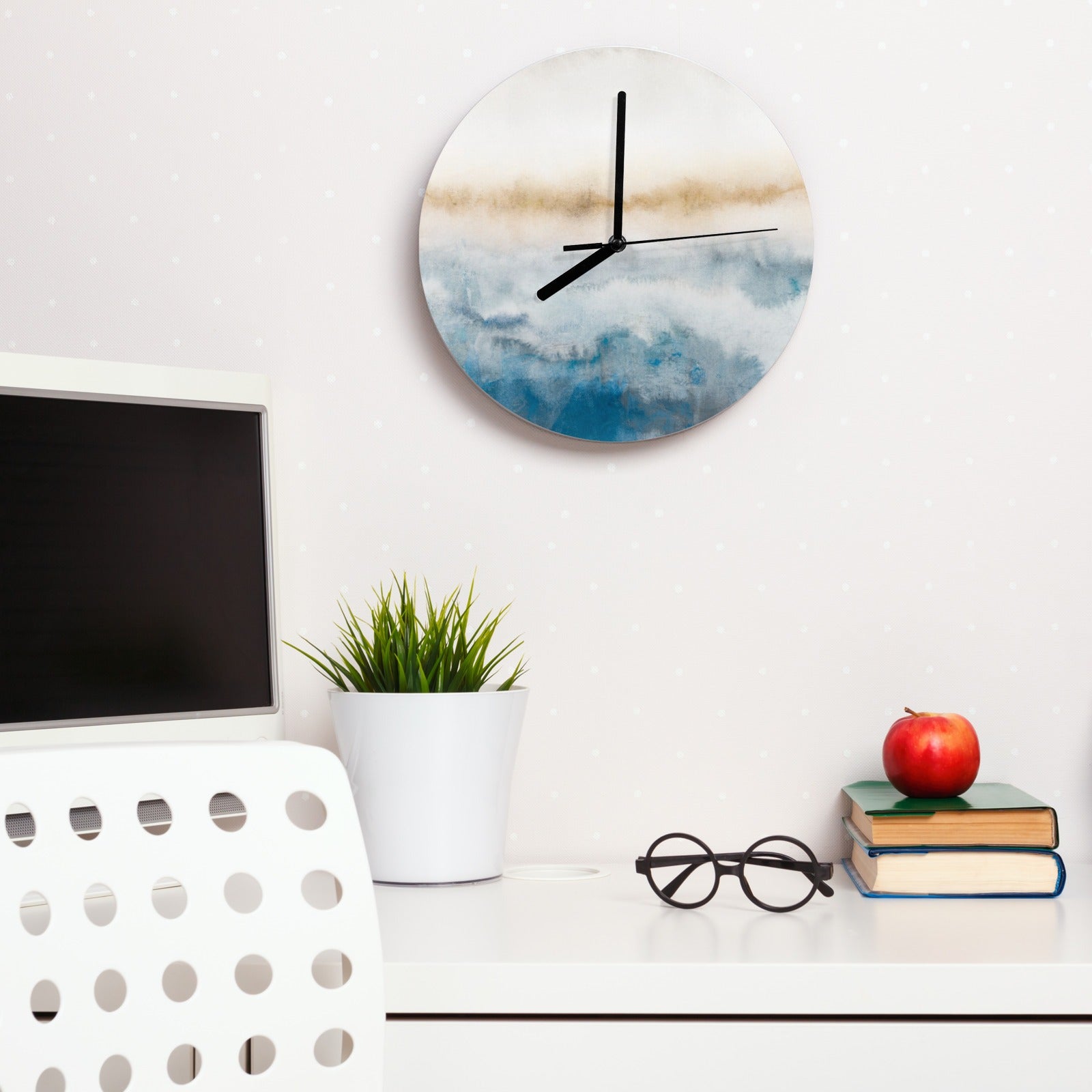 Modern blue watercolor MDF wall clock for living room, kitchen, or office decor