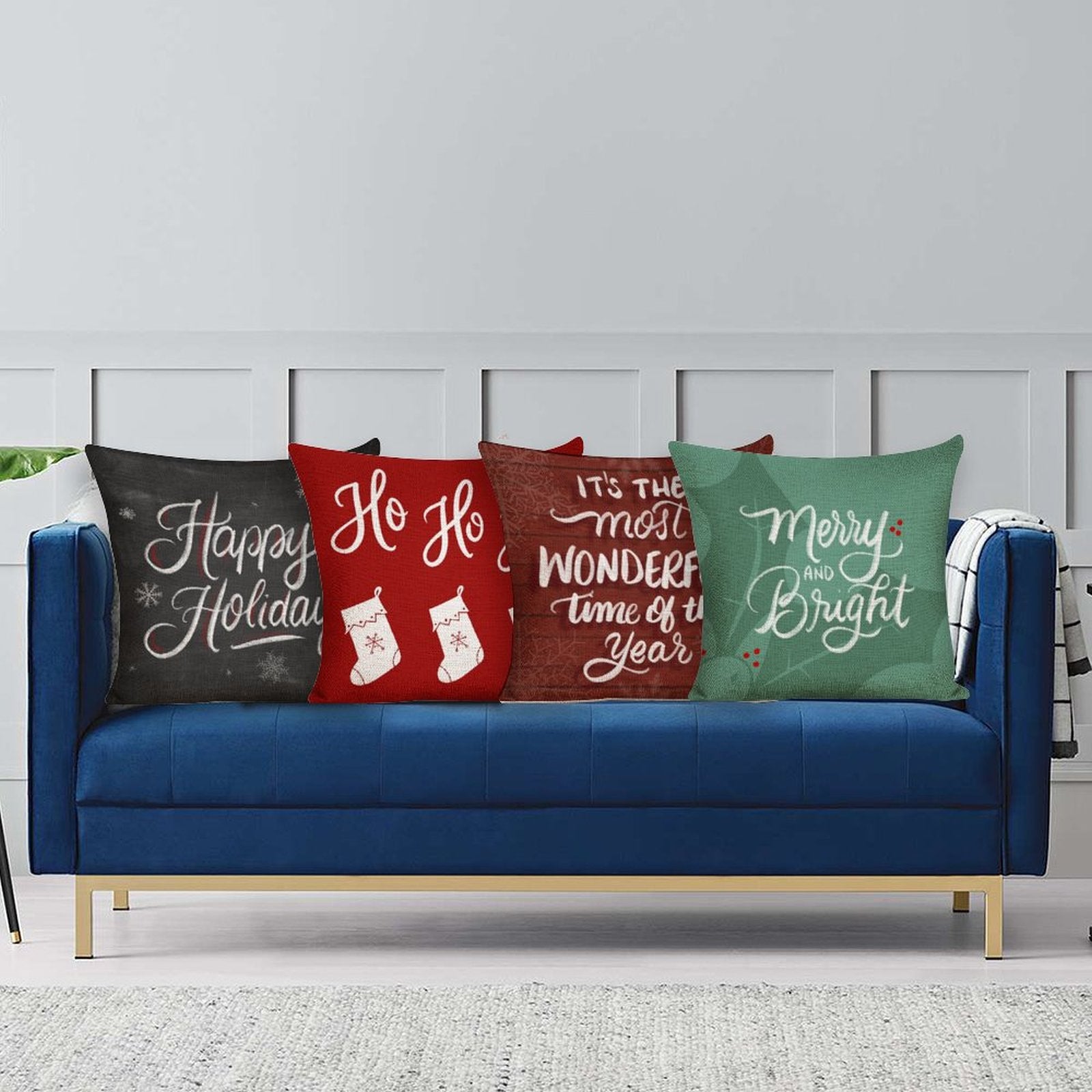Set of 4 Cotton Linen Christmas Pillow Cases with Holiday Greetings and designs for Bedroom or Living Room Decor