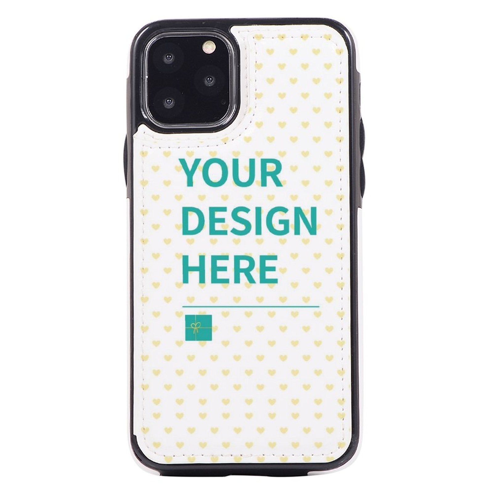 Custom iPhone 11 Pro wallet case with 'Your Design Here' text, personalized photo wallet